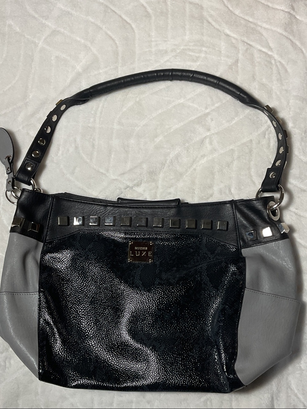Luxe Black and Gray Stud-Trim Shoulder Bag magnetic